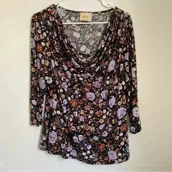 Elie Tahari Top Women Modal Floral 3/4 Sleeve Drape Neck Moisture Wicking New - Picture 1 of 4